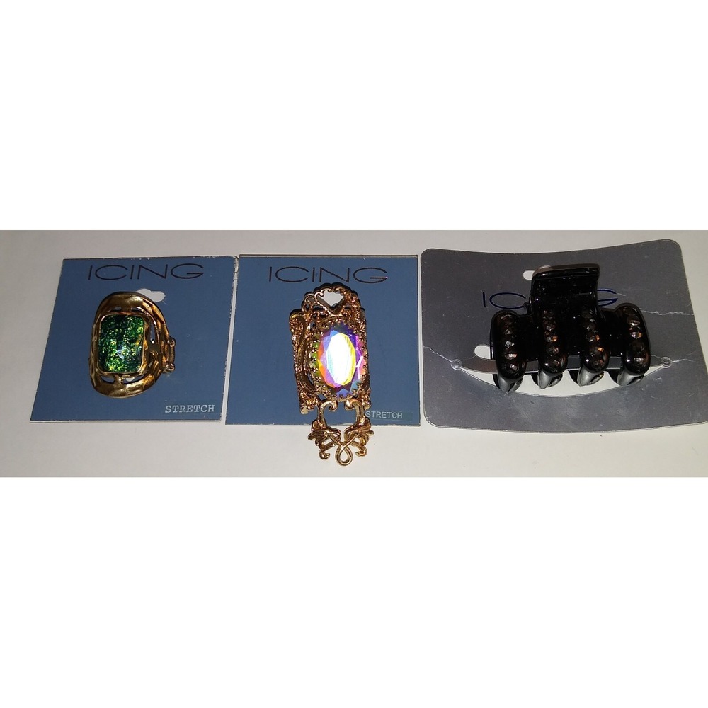 Vintage Lot of 3 Icing 2 Statement Stretch Rings & 1 Hair Clip NEW NOS